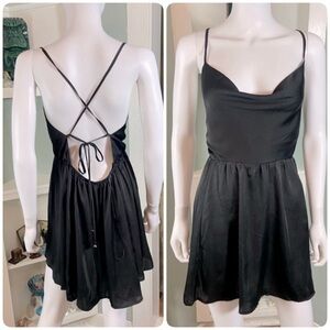 Intimately Free People backless lace up satin Black Mini Dress small